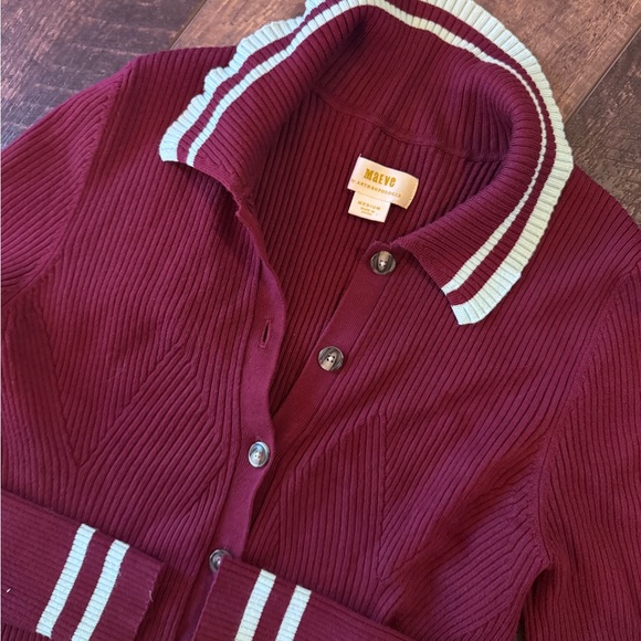 Maeve by Anthropologie Ribbed Cardigan Medium Burgundy Button Front Collared - Picture 4 of 7